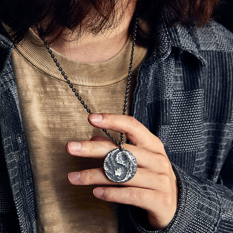 Buddha Stones 990 Sterling Silver Yin Yang Hammer Texture Harmony Necklace Pendant - image 5