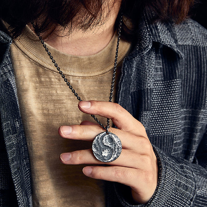 Buddha Stones 990 Sterling Silver Yin Yang Hammer Texture Harmony Necklace Pendant - image 5