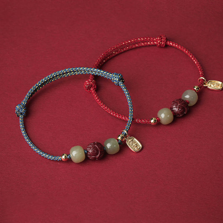 Buddha Stones 14K Gold Plated Hetian Jade Cinnabar Lotus Luck Handcrafted Rope Bracelet - image 10