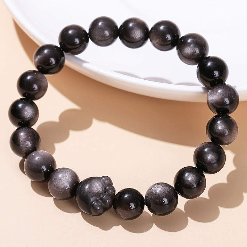 Buddha Stones Natural Gold Sheen Obsidian Silver Sheen Obsidian Cute Cat Paw Claw Wealth Bracelet - image 9