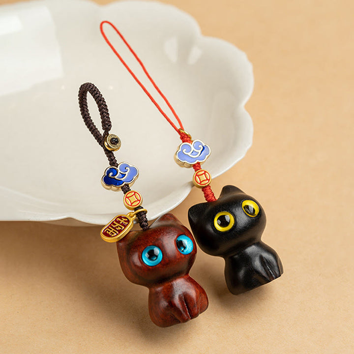 Buddha Stones Small Leaf Red Sandalwood Ebony Wood Lucky Cat Protection Key Chain Phone Hanging Decoration - image 15