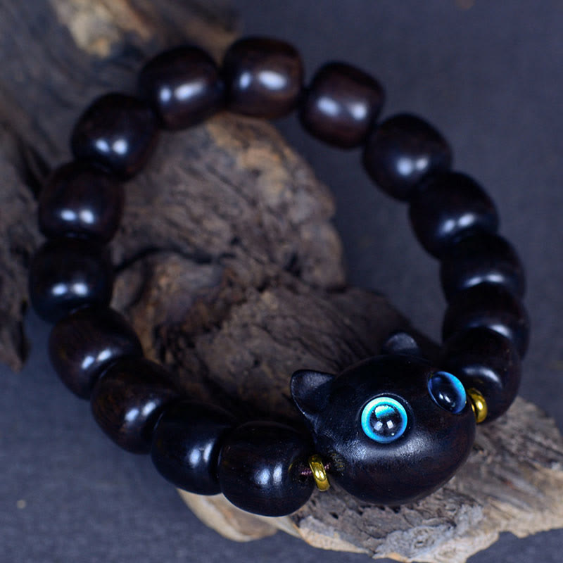 Buddha Stones Ebony Wood Liuli Glass Lovely Cat Peace Balance Bracelet - image 17