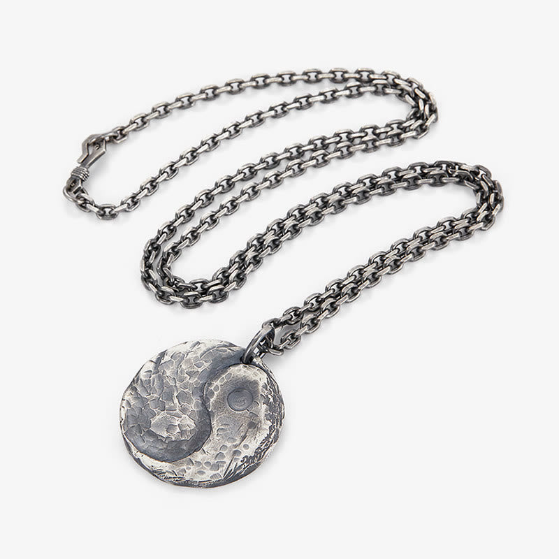 Buddha Stones 990 Sterling Silver Yin Yang Hammer Texture Harmony Necklace Pendant - image 10