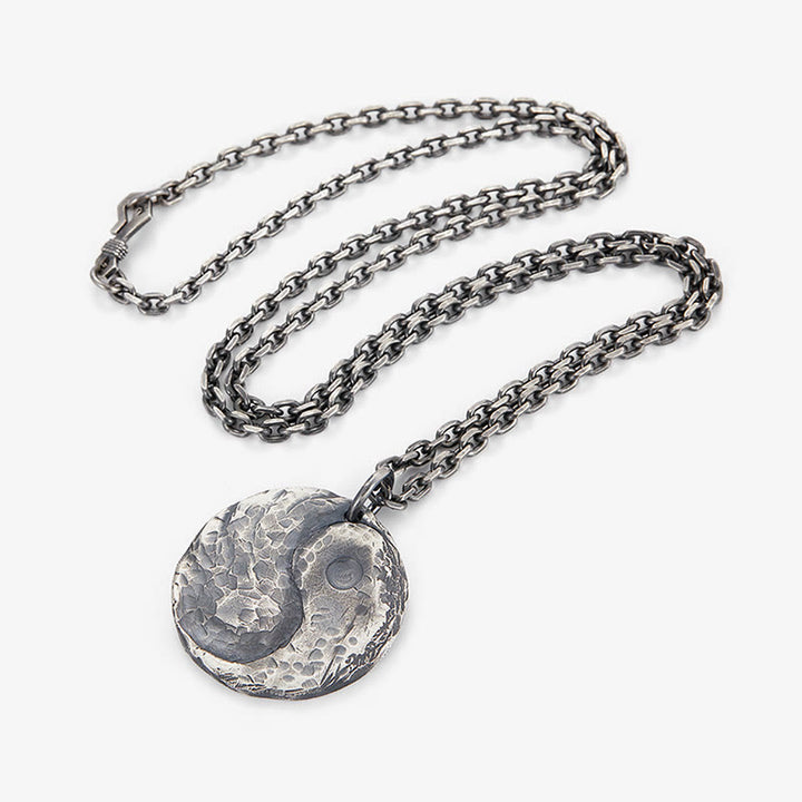 Buddha Stones 990 Sterling Silver Yin Yang Hammer Texture Harmony Necklace Pendant - image 10