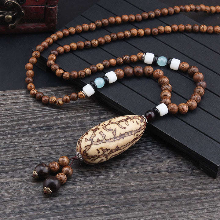 Buddha Stones Tibetan Wenge Wood Bodhi Seed Agate Elephant Protection Necklace Pendant