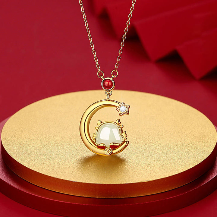 Buddha Stones 925 Sterling Silver Year of the Dragon Hetian White Jade Crescent Moon Star Lovely Dragon Luck Necklace Pendant