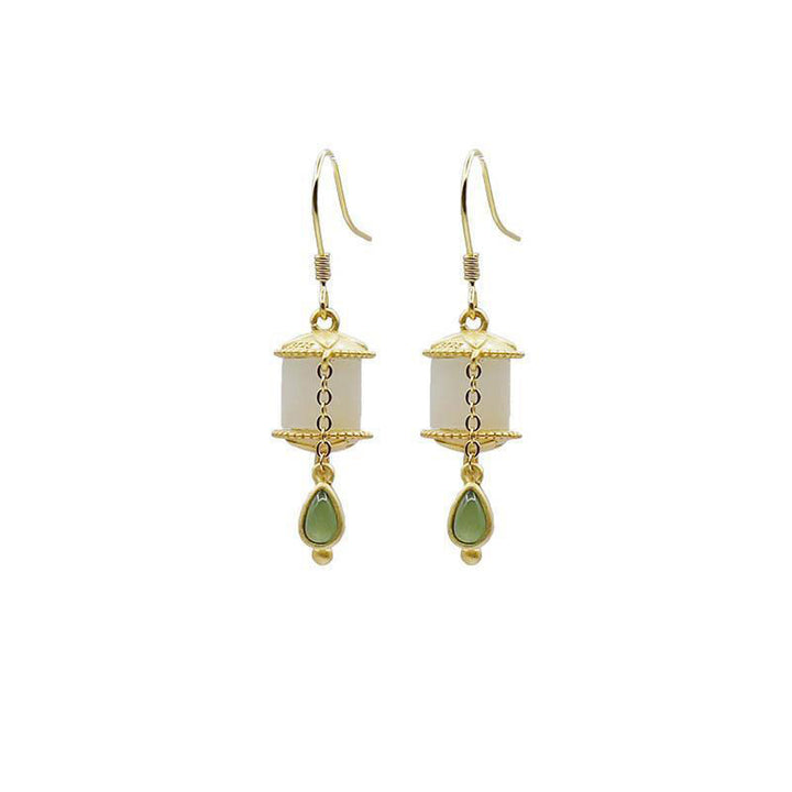Buddha Stones 925 Sterling Silver Jade Prayer Wheel Luck Drop Earrings