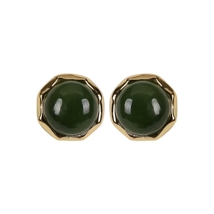 Buddha Stones 925 Sterling Silver Plated Gold Natural Hetian Cyan Jade Bead Luck Stud Earrings
