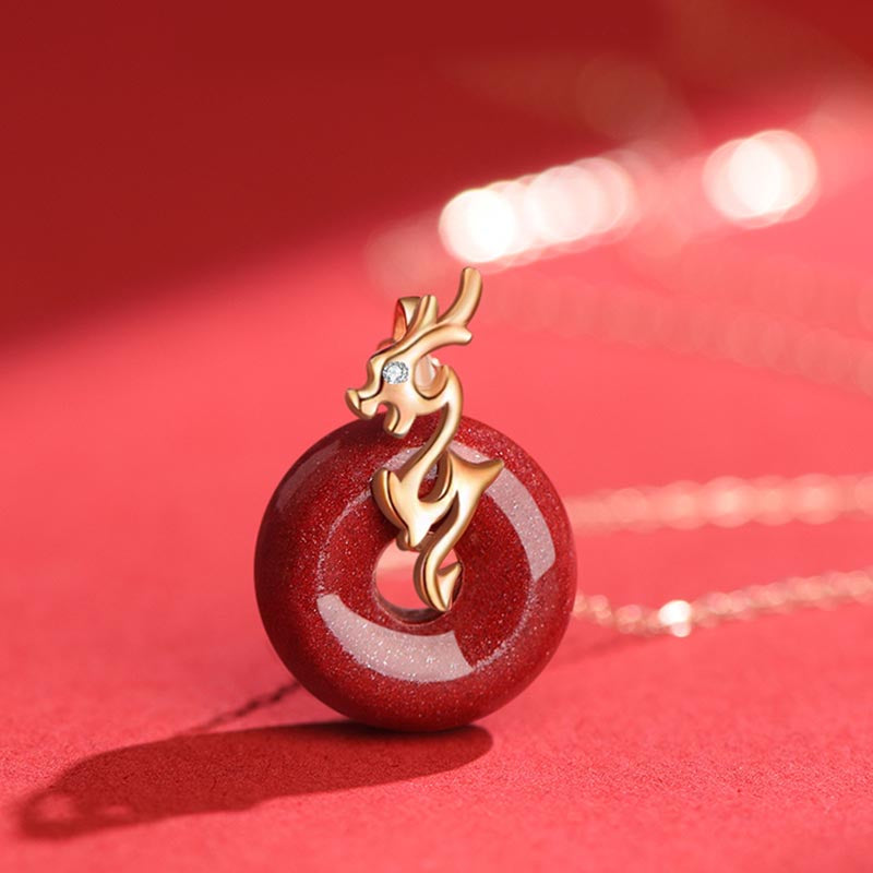 Buddha Stones Year of the Dragon 925 Sterling Silver Natural Cinnabar Peace Buckle Luck Necklace Pendant