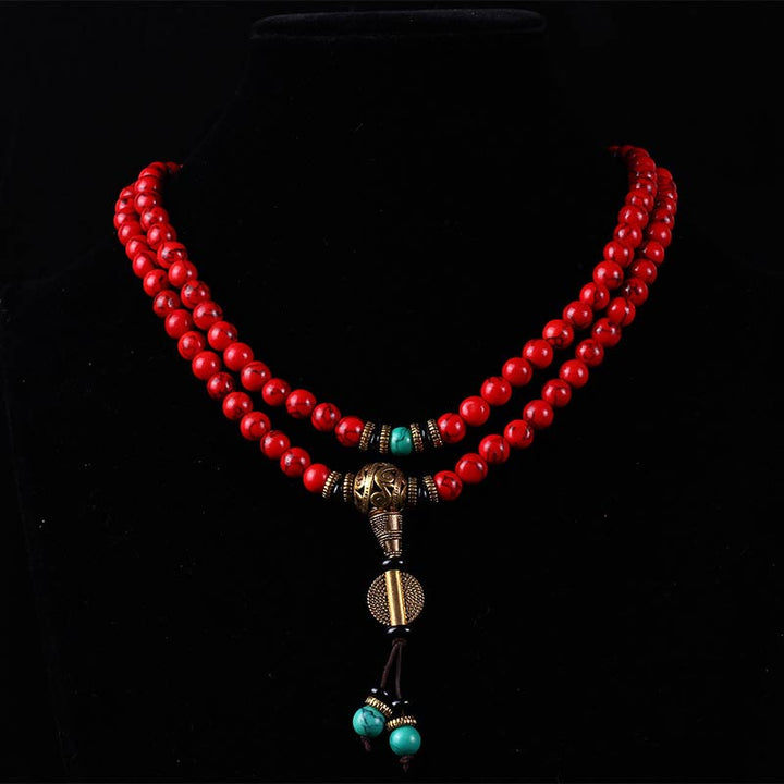 Buddha Stones Tibetan Mala Red Turquoise Lucky Necklace Bracelet