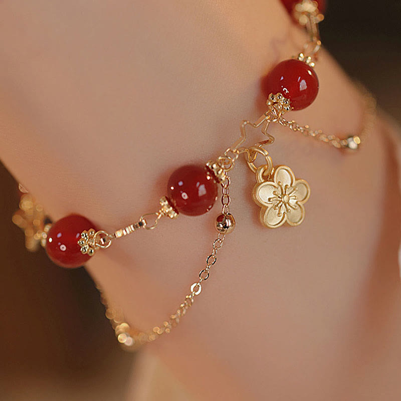 Buddha Stones 14k Gold Plated Red Agate Star Flower Charm Calm Bracelet