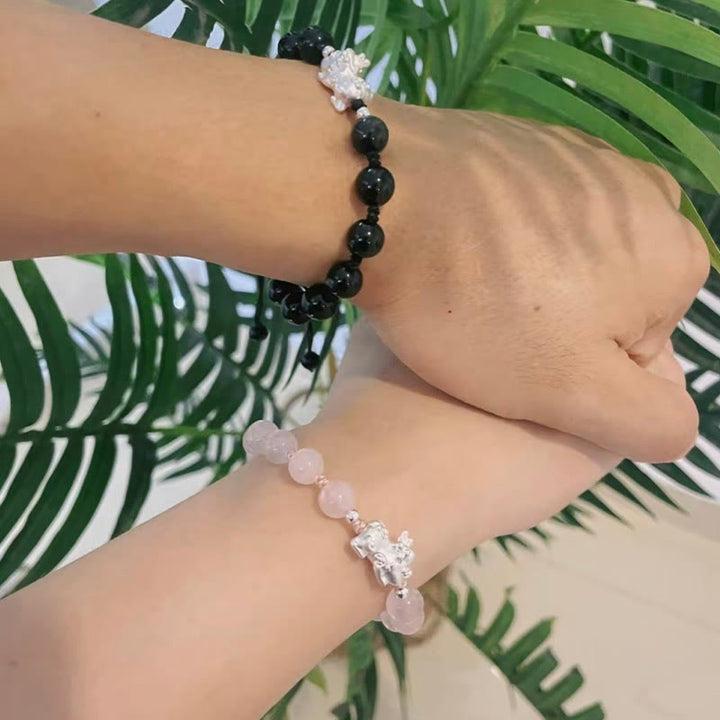 Buddha Stones Natural Black Obsidian Cat's Eye Pink Crystal PiXiu Strength Bracelet