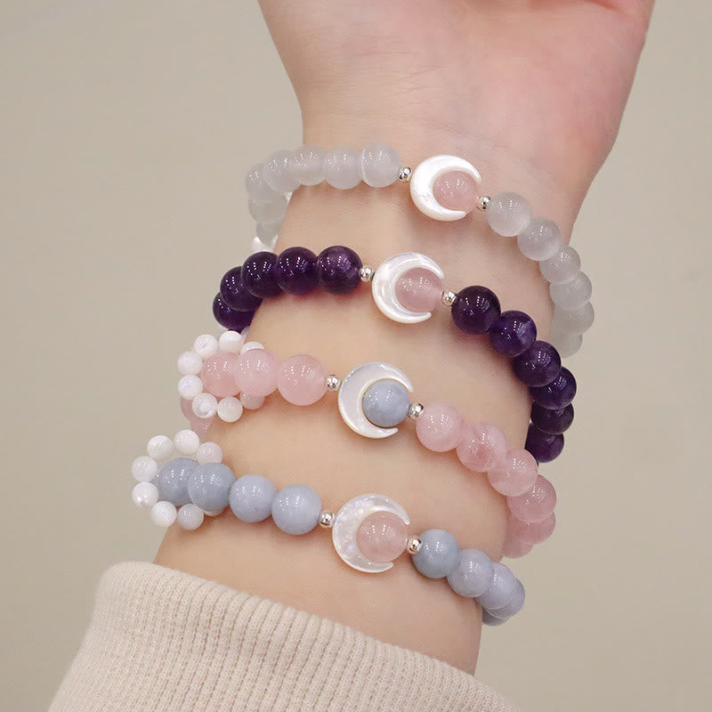 Buddha Stones 925 Sterling Silver Natural Amethyst Aquamarine Pink Crystal Cat's Eye Healing Crescent Moon Bracelet