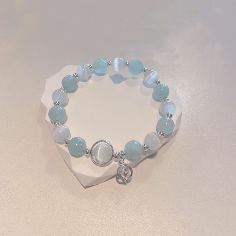Buddha Stones 925 Sterling Silver Cat's Eye Aquamarine Support Charm Bracelet