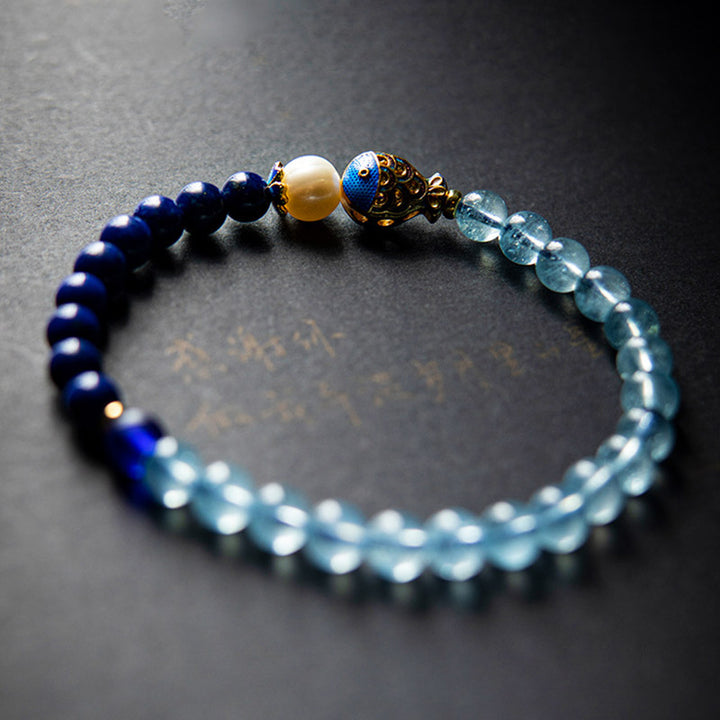 Buddha Stones Natural Aquamarine Lazurite Fish Healing Bracelet