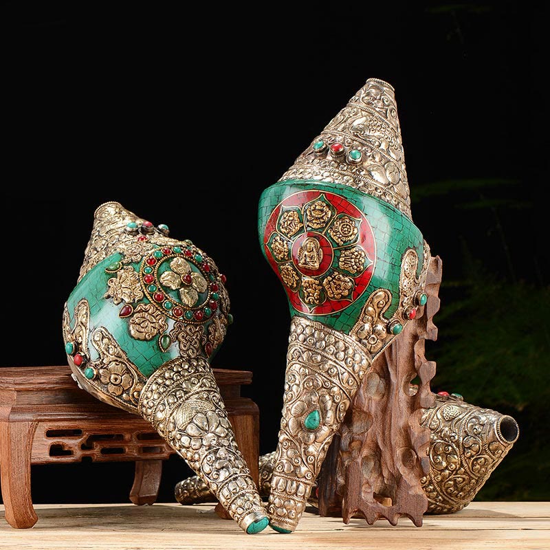 Tibetan Handmade Engraved Shankha Double Dorje Buddha Conch Shell Wealth Positive Decoration
