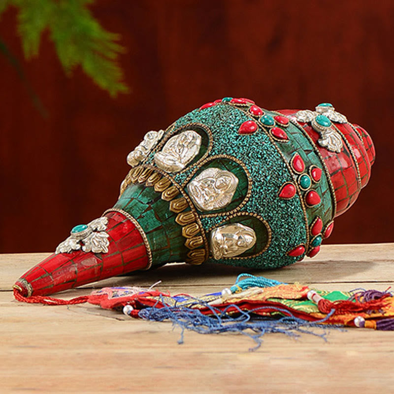 Tibetan Handmade Shankha Om Mani Padme Hum Buddha Avalokitesvara Turquoise Conch Shell Positive Decoration