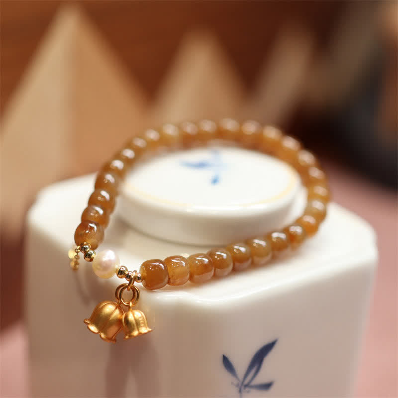 925 Sterling Silver Natural Hetian Jade Lily Of The Valley Charm Bracelet