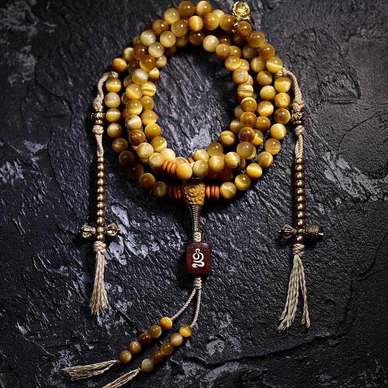 Buddha Stones 108 Mala Beads Natural Tiger Eye Copper Dorje Protection Tassel Bracelet