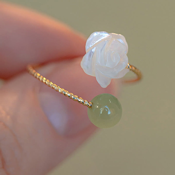 Buddha Stones 14K Gold Plated Tridacna Stone Rose Flower Jade Bead Blessing Ring