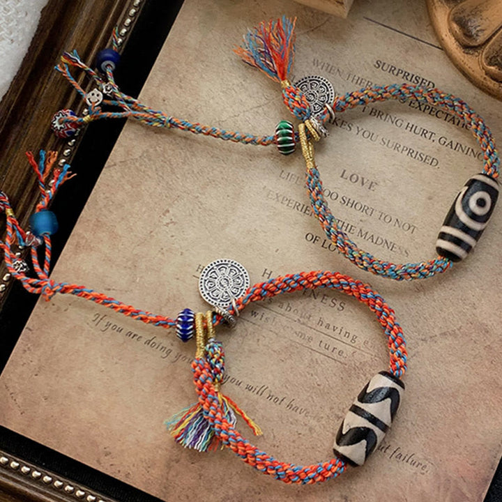 Tibetan 925 Sterling Silver Om Mani Padme Hum Handmade Dzi Bead Protection Braid Bracelet