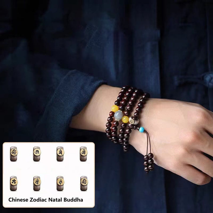 Buddha Stones 108 Mala Beads Chinese Zodiac Natal Buddha Small Leaf Red Sandalwood Gray Jade Protection Bracelet