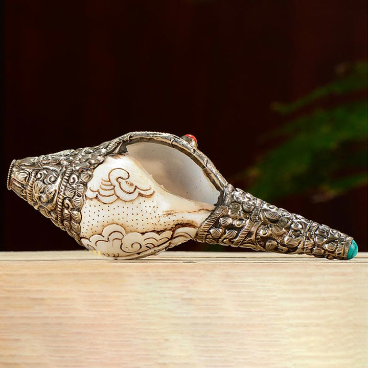 Tibetan Handmade Engraved Shankha Buddha Conch Shell Wealth Positive Decoration