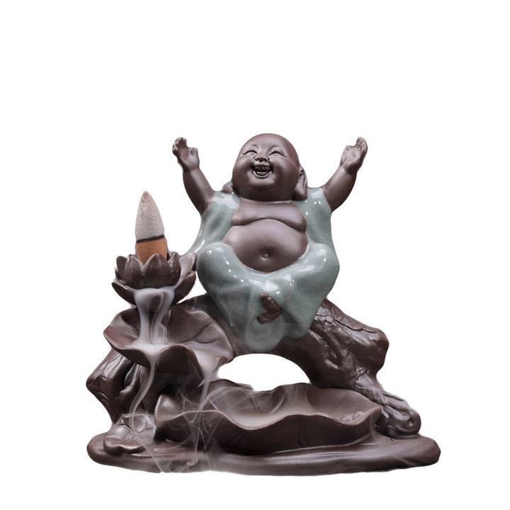 Buddha Stones Little Monk Ceramic Lotus Blessing Incense Burner Decoration