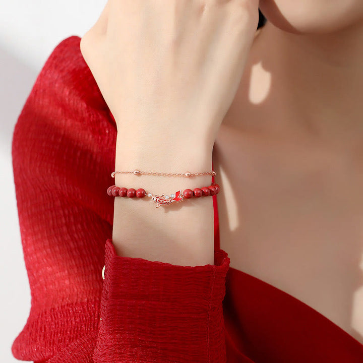 Buddha Stones 925 Sterling Silver Lucky Koi Fish Cinnabar Zircon Prosperity Double Layer Chain Bracelet