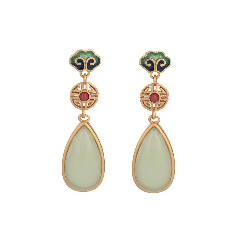 Buddha Stones FengShui Jade Double Happiness Fortune Earrings