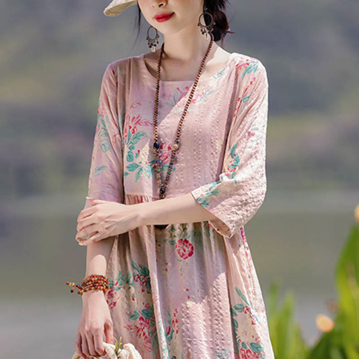 Buddha Stones Flowers Print Midi Dress Cotton Linen Tunic Dress With Pockets