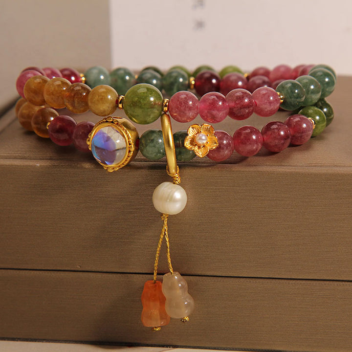 Buddha Stones Multicolored Tourmaline Positive Double Wrap Gourd Charm Bracelet