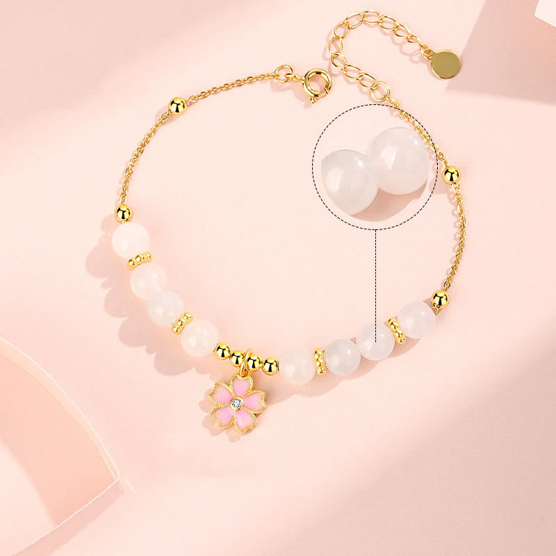 Buddha Stones 925 Sterling Silver Hetian White Jade Cherry Blossom Protection Bracelet - image 3