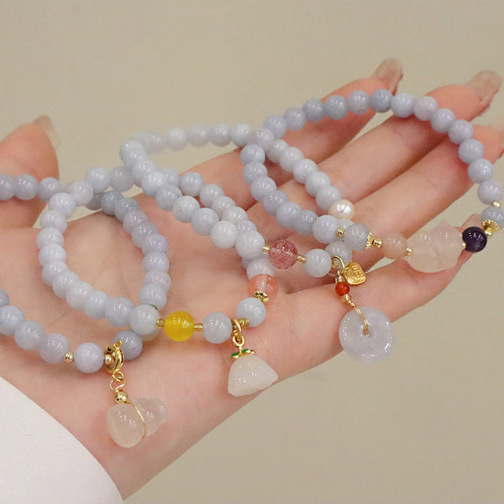 Buddha Stones Natural Aquamarine Chalcedony Serenity Rabbit Gourd Cat Charm Bracelet - image 14
