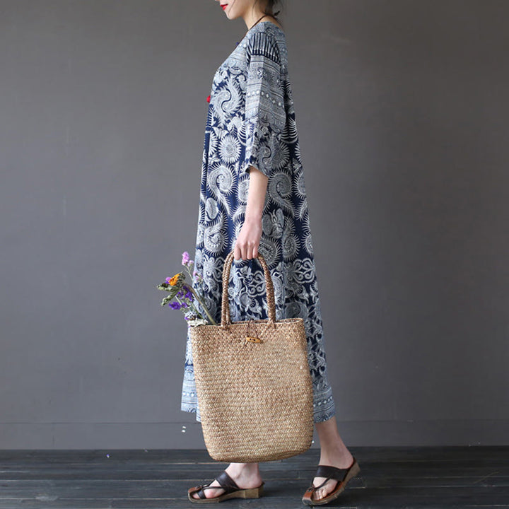 Buddha Stones Blue White Flower Printed Button Midi Dress Three Quarter Sleeve Cotton Linen Dress With Pockets