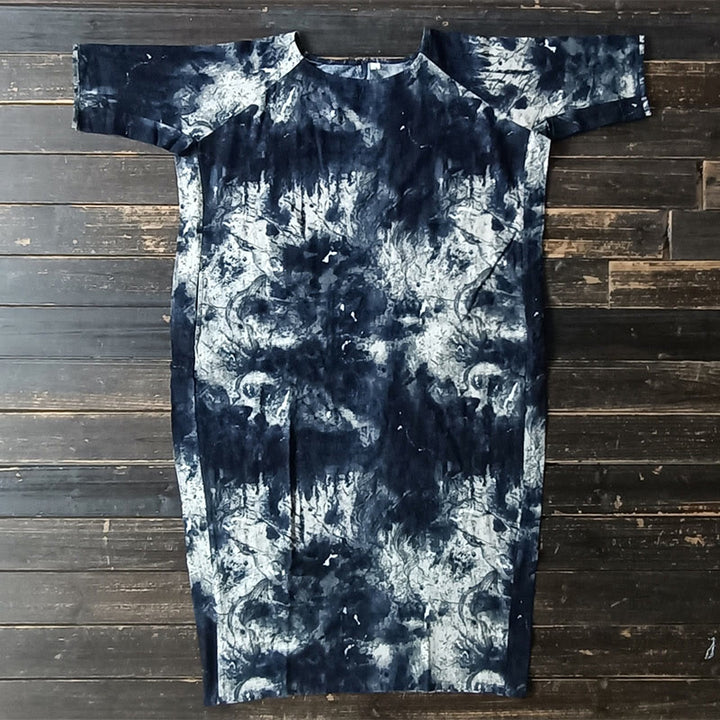 Buddha Stones Ink Tie Dye Midi Dress Three Quarter Sleeve Cotton Linen Dress With Pockets