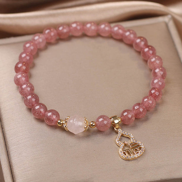 Buddha Stones Strawberry Quartz Gourd Fu Character Charm Positive Bracelet