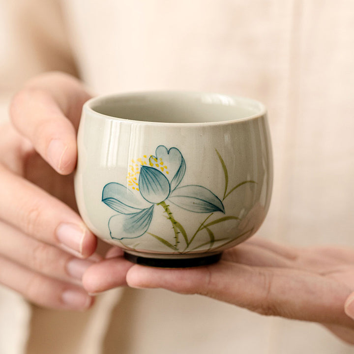 Buddha Stones Hand Painted Lotus Flower Ceramic Teacup Kung Fu Tea Cup