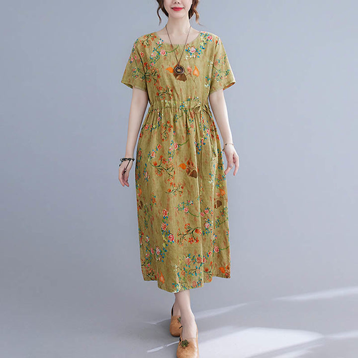 Buddha Stones Flowers Print Midi Dress Cotton Linen Tunic Dress With Pockets