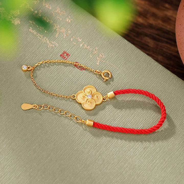Buddha Stones 925 Sterling Silver Plated Gold Four Leaf Clover Zircon Luck Bracelet - 22cm - image 0