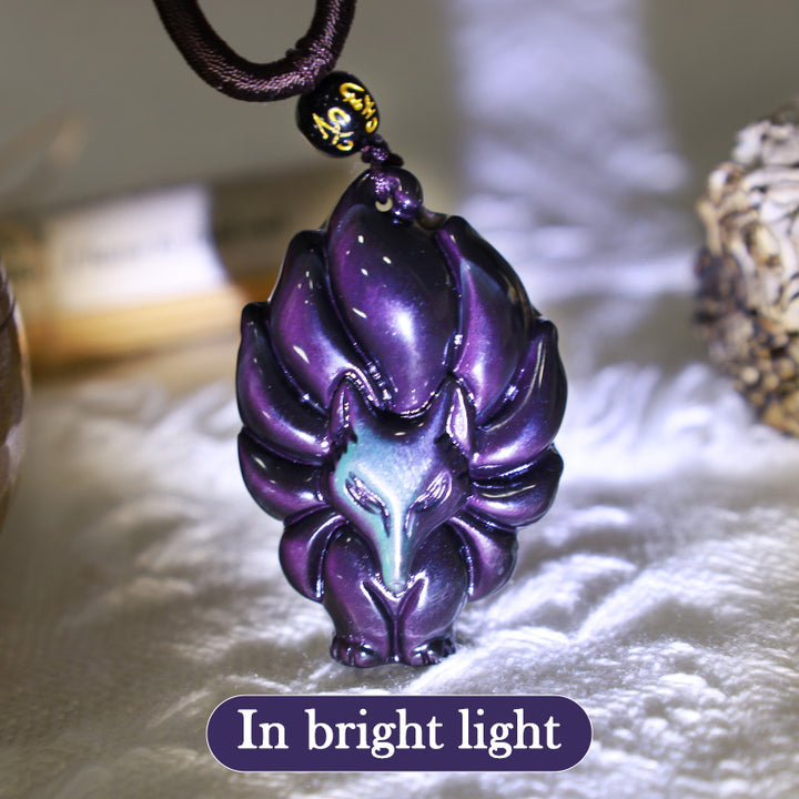 Buddha Stones Natural Rainbow Obsidian Gold Sheen Obsidian Nine Tailed Fox Positive Necklace Pendant - image 6