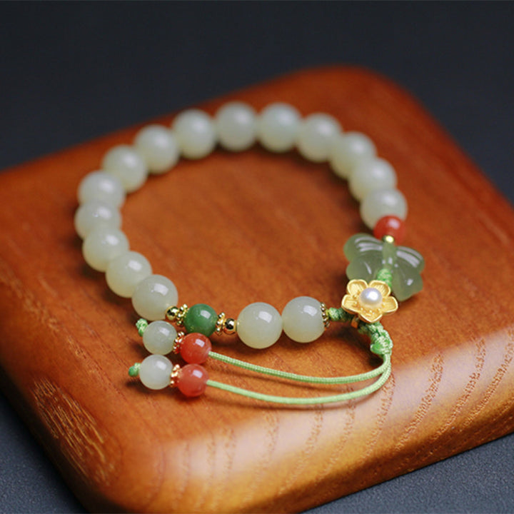 Buddha Stones 925 Sterling Silver Jade Luck Flower Butterfly Bracelet - Jade (Prosperity ♥ Abundance) - image 0