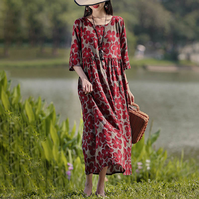 Buddha Stones Flowers Print Midi Dress Cotton Linen Tunic Dress With Pockets