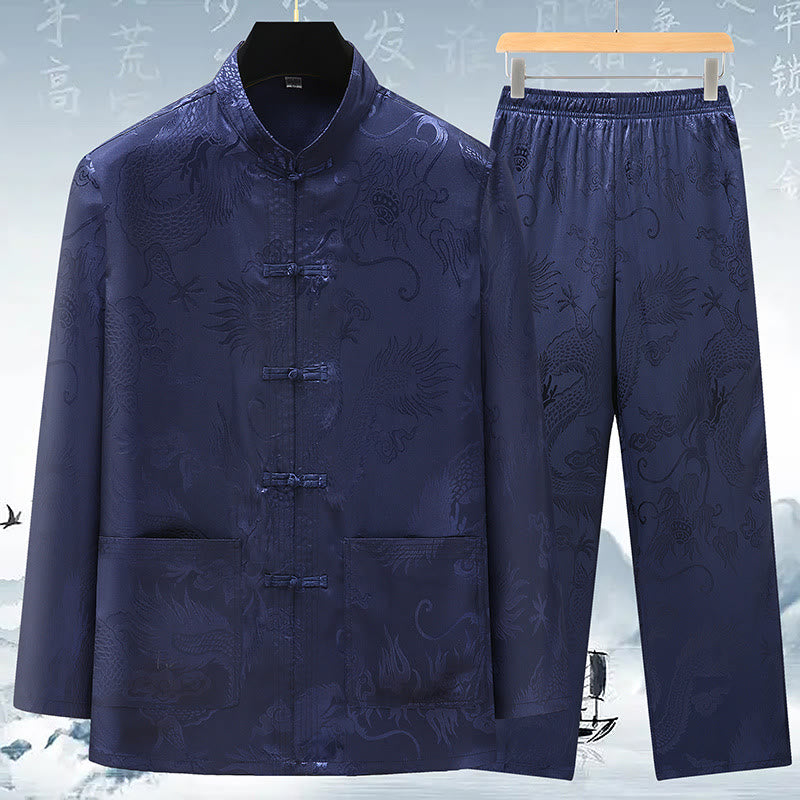 Buddha Stones Tang Suit Men Hanfu Chinese Dragon Traditional Clothes Kung Fu Shirt Uniform Long Sleeved Coat Tops and Pants Clothing Men's Set - Dark Blue - US/UK/AU42，EU52 (3XL) - image 13