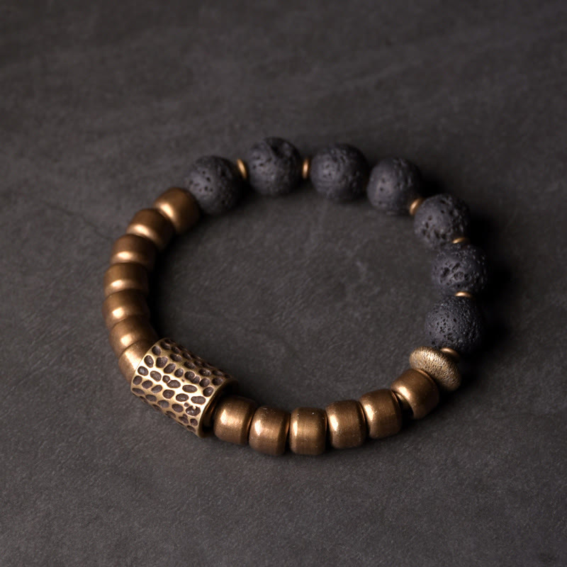 Buddha Stones Lava Rock Stone Rainbow Obsidian Brass Support Healing Bracelet - Lava Rock&Brass - 17-17.5cm - image 0