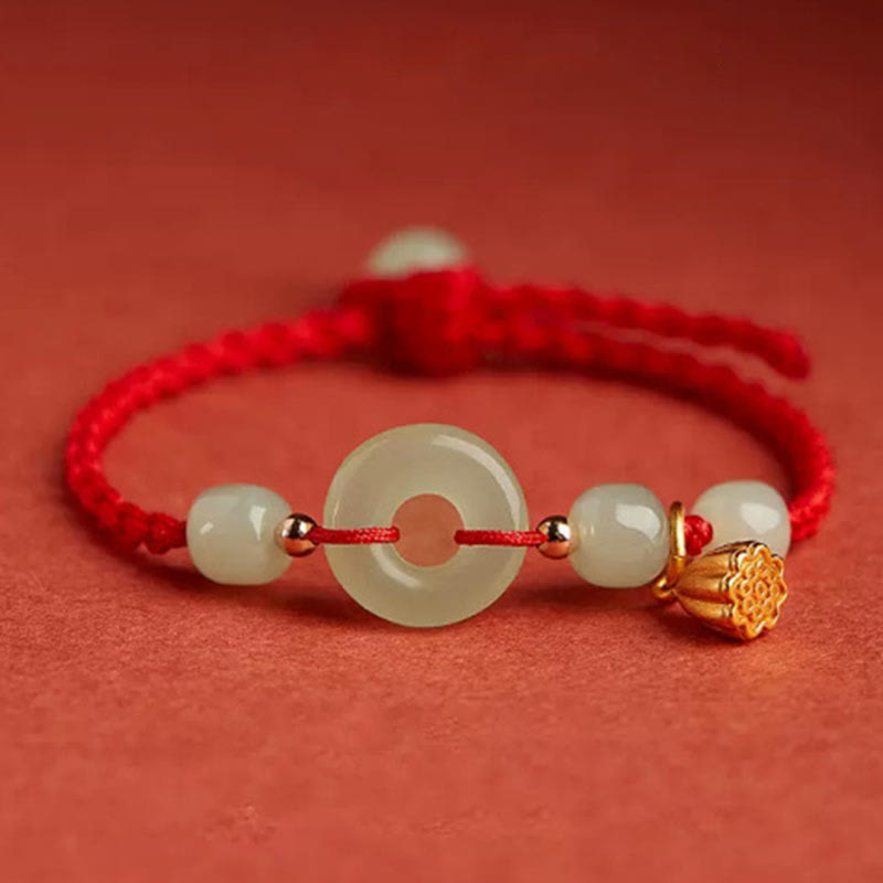 Buddha Stones Round Peace Buckle Jade Lotus Happiness Abundance Wealth String Bracelet - Lotus-Red(Wrist Circumference 14-18cm) - image 3