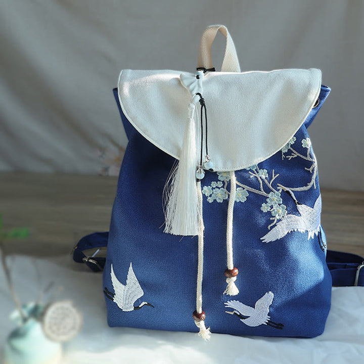 Buddha Stones Handmade Embroidered Large Capacity Canvas Backpack - Blue White Crane - image 22