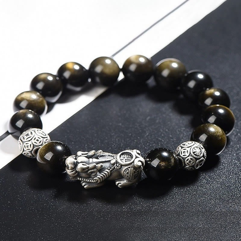 Buddha Stones 925 Sterling Silver Natural Gold Sheen Obsidian PiXiu Wealth Protection Bracelet - 12mm - image 3