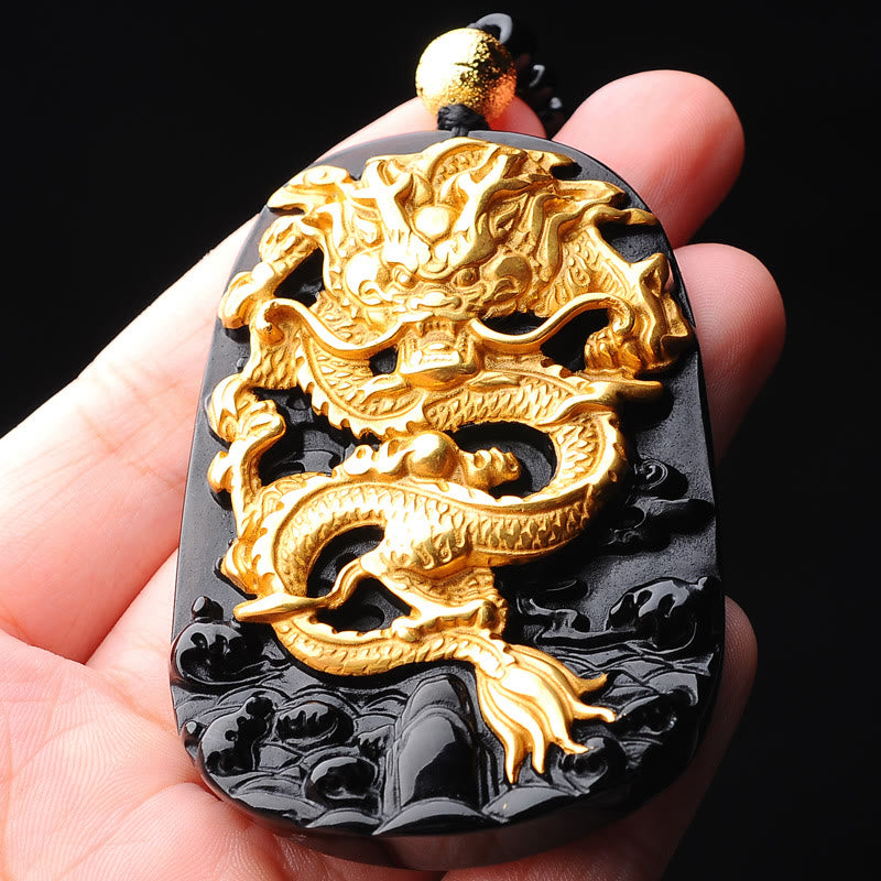 Buddha Stones 18k Gold-plated Dragon Obsidian Lucky Pendant Necklace