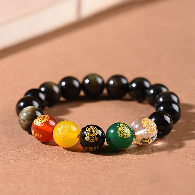 Buddha Stones Gold Sheen Obsidian Rainbow Obsidian Black Obsidian Five Directions Gods of Wealth Bracelet